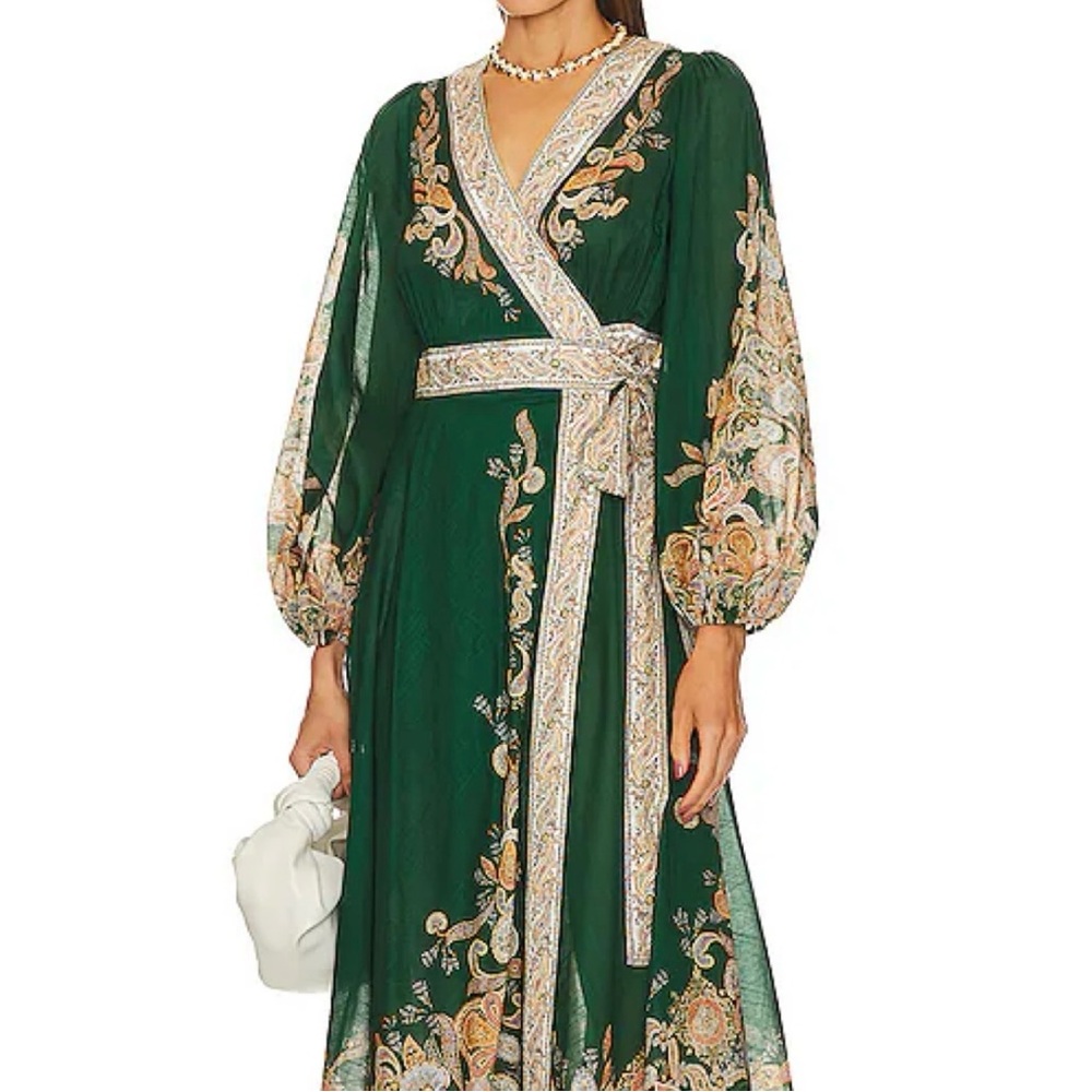 Zimmermann Green and Cream Floral Long Sleeve Wrap Dress